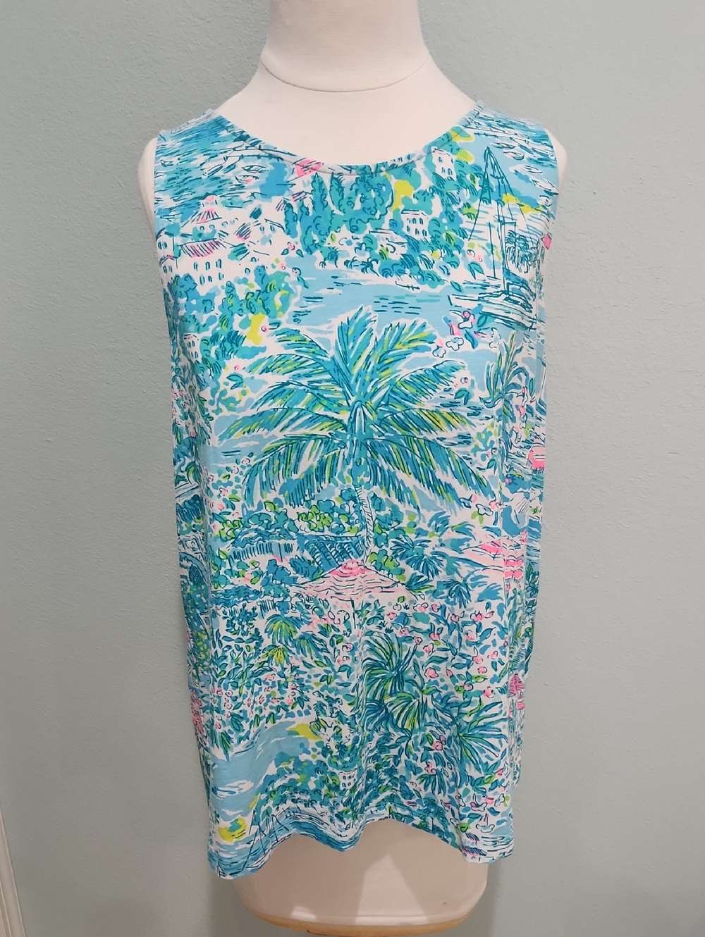 Lilly Pulitzer Tropical Palm Print Sleeveless Shell in Aqua, Pink & Green